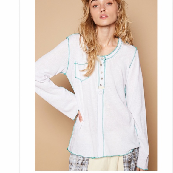 POL “ Maria “ POL Round Neck Long Sleeve Top with Contrast Stitch 28 - Picture 1 of 2